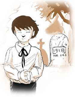 Illustration of a boy standing next to a gravestone with text 1918