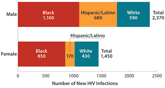 Bar chart showing new HIV infections for male and female injection drug users by race/ethnicity for 2010., full details at http://www.cdc.gov/hiv/risk/idu.html