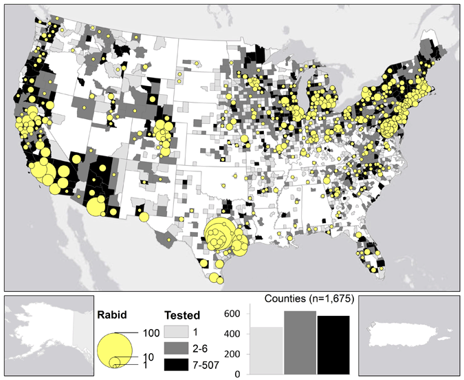 A map of rabid bats reported in the United States during 2011.