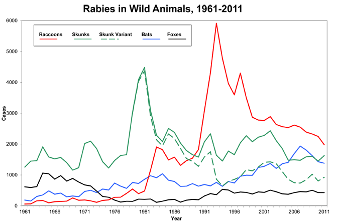 A graph of rabid wild animals reported in the United States from 1960-2011.