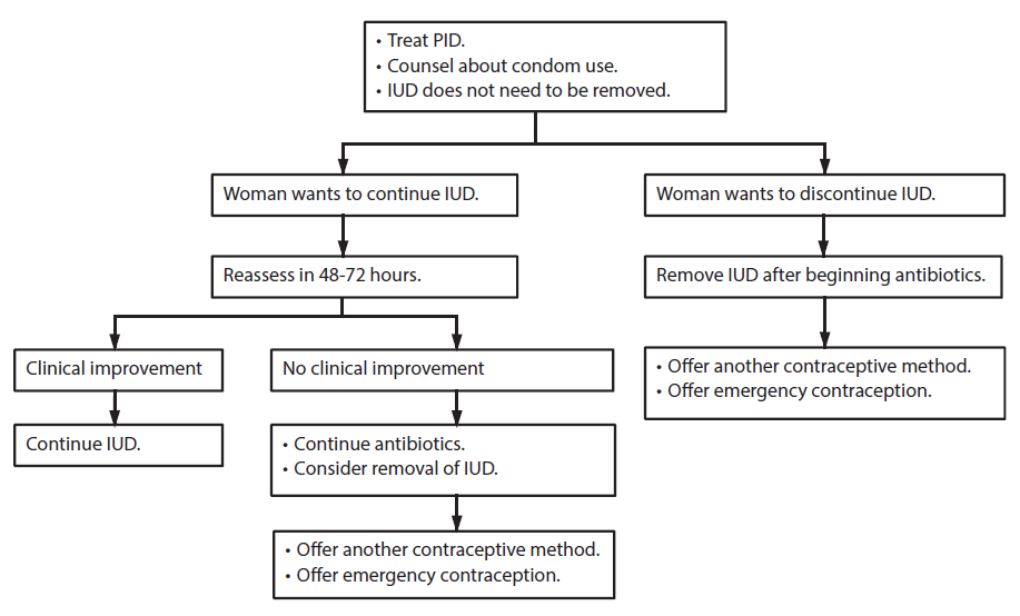Appendix F shows a flow chart describing the management of an intrauterine device when a woman using a copper-containing IUD or a levonorgestrel-releasing IUD is found to have pelvic inflammatory disease.