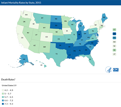 screenshot of map showing infant mortality death rates across the United States. See details on https://www.cdc.gov/nchs/pressroom/sosmap/infant_mortality_rates/infant_mortality.htm