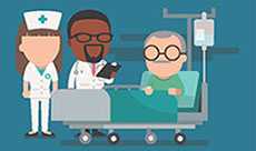 illustration of nurse and doctor talking with older patient in a hospital bed.