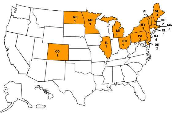 Map of Persons infected with the outbreak strain of Salmonella Agona, by state of residence, as of May 13, 2008 (n=28)