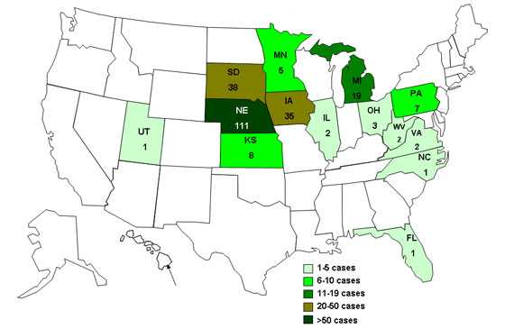 Final Case Count Map: Persons infected with the outbreak strain of Salmonella Saintpaul, by state of residence, as of May 7, 2009 (n=235)