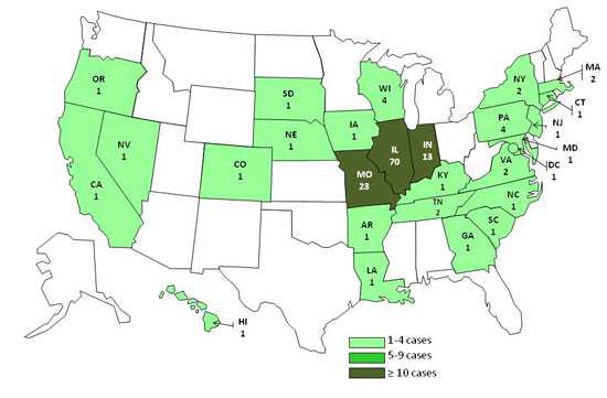 Final Case Count Map: Persons infected with the outbreak strain of Salmonella I4,[5],12:i:-, by state, as of February 9, 2011 (n=140)