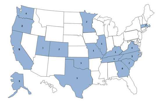Final Case Count Map: Persons infected with the outbreak strain of Salmonella Chester, by state, as of August 27, 2010 (n=44)
