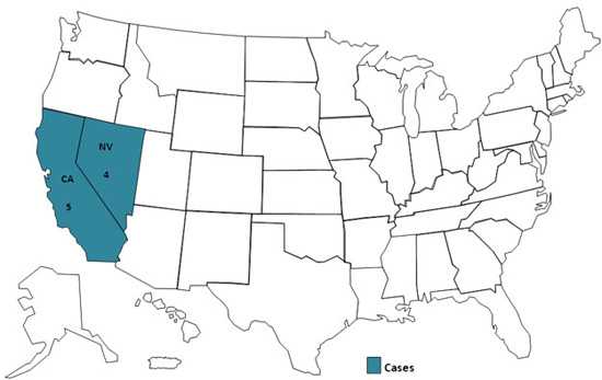 Case Count Map: Confirmed and probable cases infected with the outbreak strain of Salmonella Typhi, by state, as of August 20, 2010 (n=9)