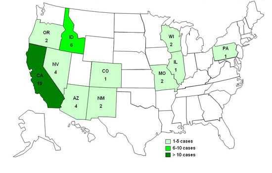 Persons infected with the outbreak strain of Salmonella Newport, by state, as of June 24, 2010 (n=44)