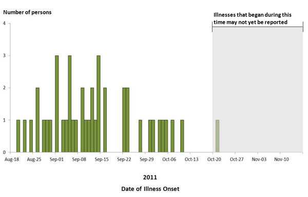 Final Epi Curve: Persons infected with the outbreak strain of Salmonella Enteritidis, by date of illness onset