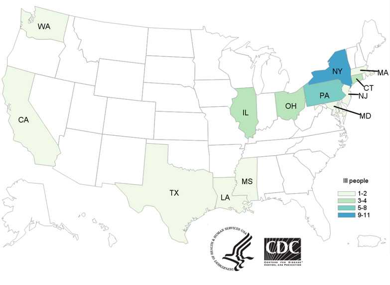 People infected with the outbreak strain of Salmonella Agbeni, by state of residence, as of August 25, 2017