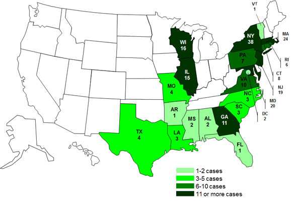 Case Count April 23, 2012: Persons infected with the outbreak strains of Salmonella Bareilly and Salmonella Nchanga, by State 7-6-2012