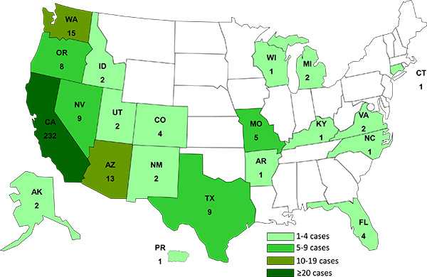 10-11-2013 Case Count Map: Persons infected with the outbreak strain of Salmonella Heidelberg, by State