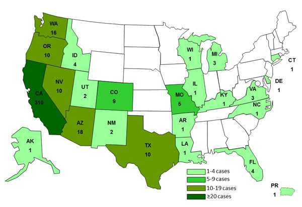 12-18-2013 Case Count Map: Persons infected with the outbreak strain of Salmonella Heidelberg, by State