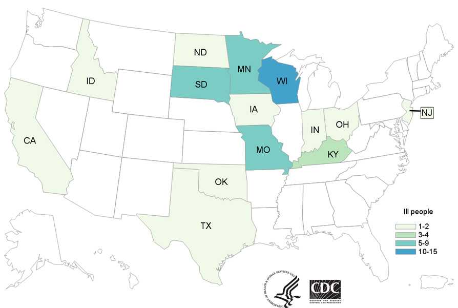 People infected with the outbreak strain of Salmonella Heidelberg, by state of residence, as of July 31, 2017 (n=46)