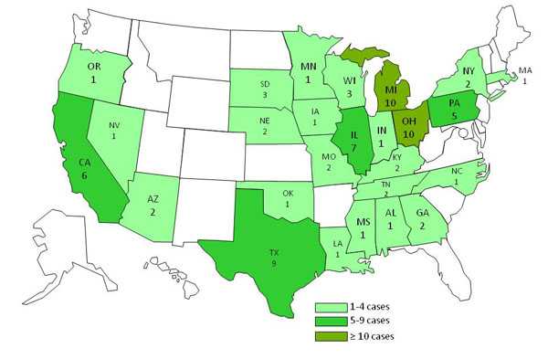 A map of the United States displaying Salmonella Heidelberg infections by state