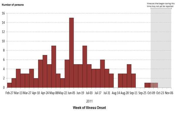A bar graph indicating numbers of persons infected with the outbreak strains of Salmonella Heidelberg, by week of illness onset.