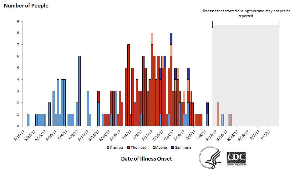 People infected with the outbreak strains of Salmonella, by date of illness onset*, September 11, 2017
