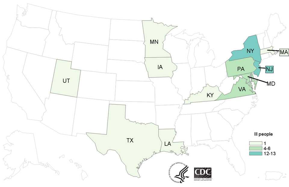 People infected with the outbreak strain of Salmonella Kiambu, by state of residence, as of July 21, 2017