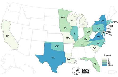 People infected with the outbreak strains of Salmonella, by state of residence