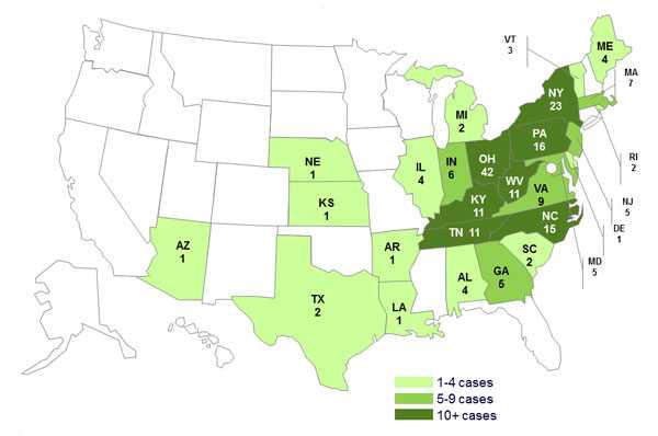 Final Case Count Map: Persons infected with the outbreak strains of Salmonella Infantis, Newport, and Lille, by State