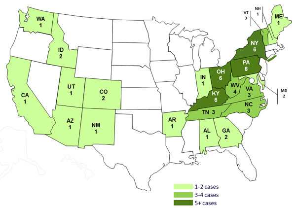 Persons infected with the outbreak strains of Salmonella Infantis, Newport, or Hadar, by state, N=60