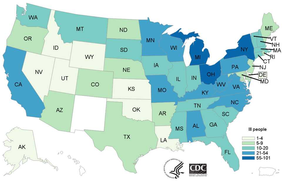 People infected with the outbreak strains of Salmonella by state of residence, as of October 4, 2016.