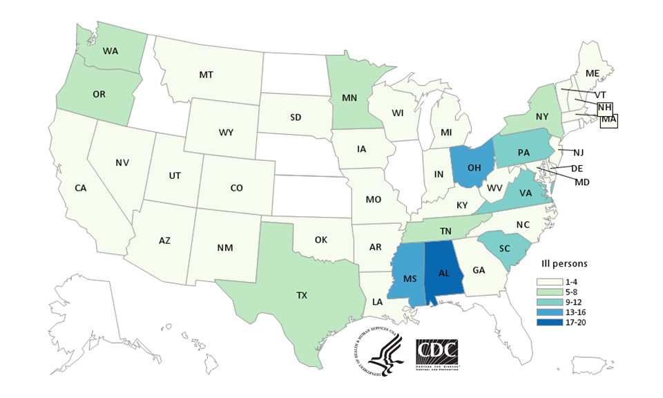 People infected with the outbreak strains of Salmonella Enteritidis, Hadar, Indiana and Muenchen, by state of residence, as of June 29, 2015 (n=182)