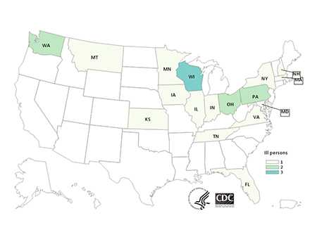 Persons infected with the outbreak strain of Salmonella Muenchen, by state of residence, as of June 16, 2015 (n=20)