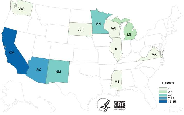 People infected with the outbreak strains of Salmonella Paratyphi B variant L(+) tartrate(+) or Salmonella Weltevreden, by state of residence, as of August 18, 2015 (n=65)