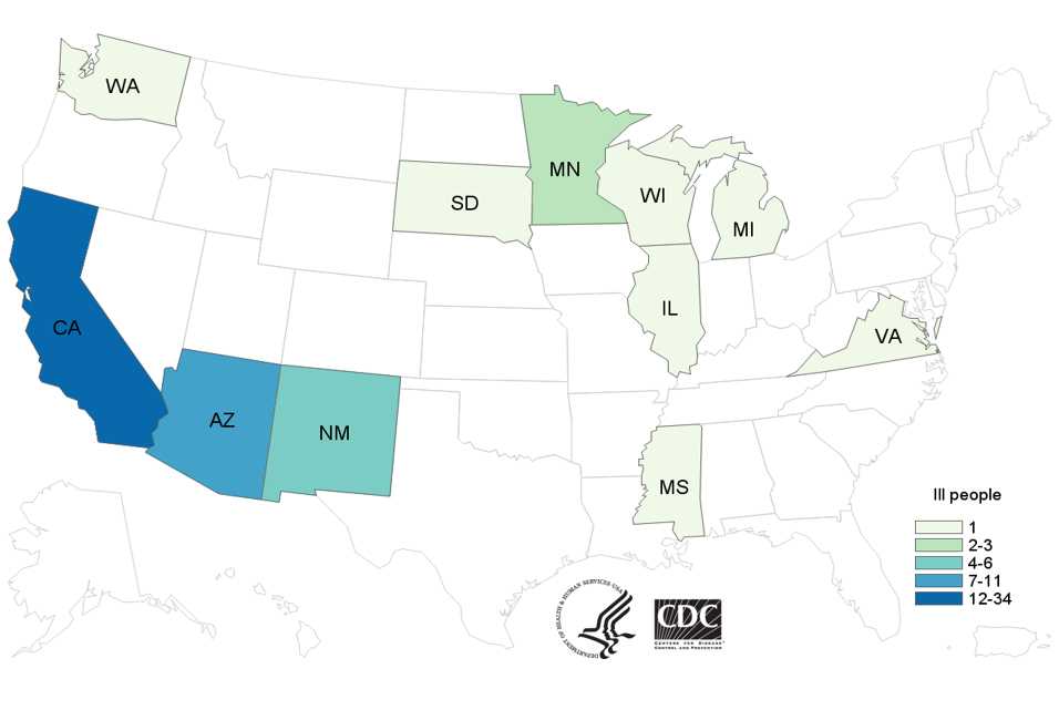 People infected with the outbreak strain of Salmonella Paratyphi B variant L(+) tartrate(+), by state of residence, as of July 14, 2015 (n=60)