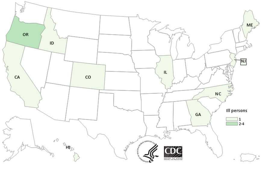 People infected with the outbreak strain of Salmonella Paratyphi B variant L(+) tartrate (+) , by state of residence, as of January 14, 2016 (n=13)