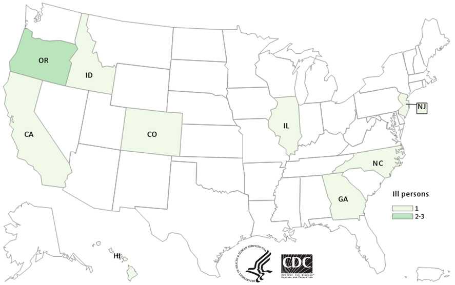 People infected with the outbreak strain of Salmonella Paratyphi B variant L(+) tartrate (+) , by state of residence, as of December 2, 2015 (n=11)