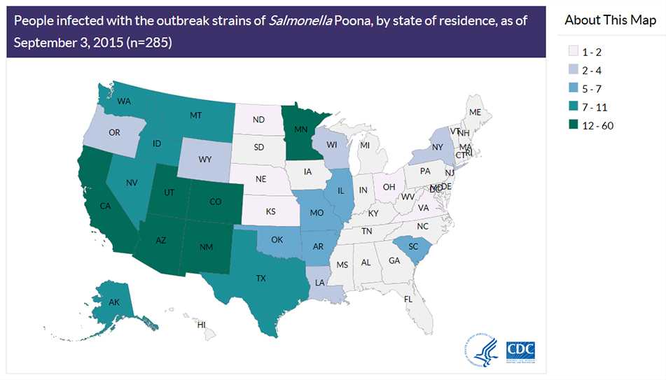 Map of U.S. showing People infected with the outbreak strains of Salmonella Poona, by state of residence, as of Septmeber 3, 2015