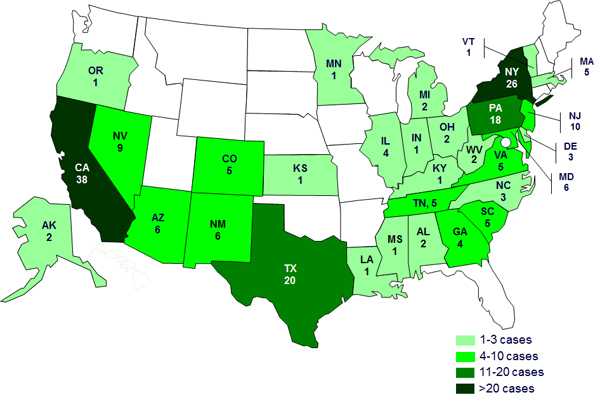 Case Count Map: September 20, 2012: Persons infected with turtle-associated outbreak strains of Salmonella, by state