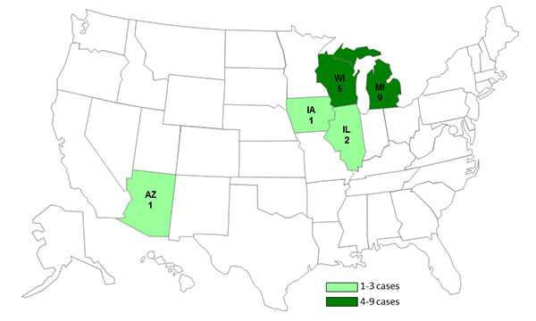 February 13, 2013 Case Count Map: Persons infected with the outbreak strain of Salmonella Typhimurium, by State