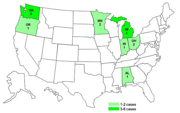 Case Count Map: January 9, 2013--Persons infected with the outbreak strain of Salmonella Typhimurium, by State