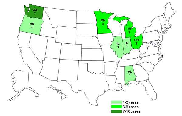 Case Count Map: January 31, 2013--Persons infected with the outbreak strain of Salmonella Typhimurium, by State