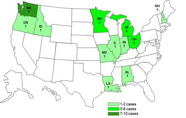 Final Case Count Map--Persons infected with the outbreak strain of Salmonella Typhimurium, by State