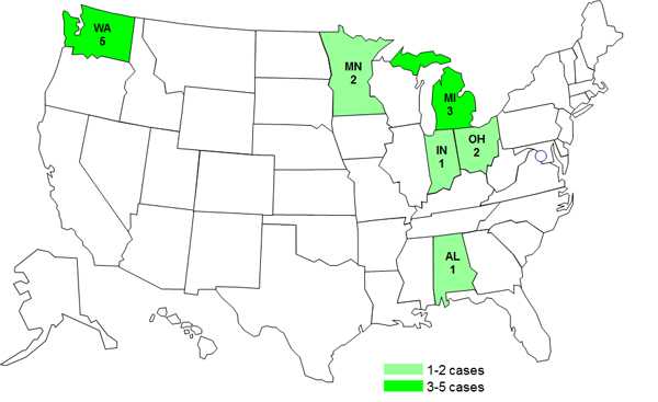 Case Count Map: September 5, 2012-- Persons infected with the outbreak strain of Salmonella Typhimurium, by State