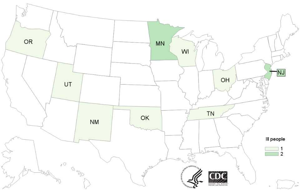 People infected with the outbreak strain of Salmonella Virchow, by state of residence, as of February 1, 2016 (n=11)
