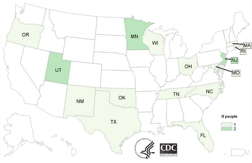 People infected with the outbreak strain of Salmonella Virchow, by state of residence, as of February 17, 2016 (n=18)