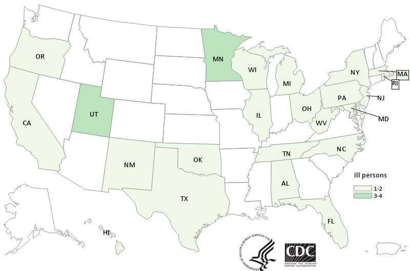 People infected with the outbreak strain of Salmonella Virchow, by state of residence, as of April 21, 2016