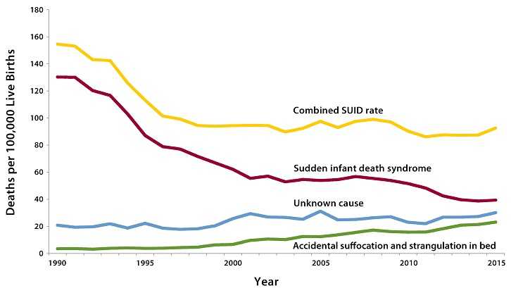 Sudden Infant Death Syndrome (SIDS) rates declined considerably from 130.3 deaths per 100,000 live births in 1990 to 38.7 deaths per 100,000 live births in 2014. Unknown Cause infant mortality rates have remained unchanged from 1990 through 2014. In 2014, the Unknown Cause mortality rate in infants was 27.3 deaths per 100,000 live births. Accidental Suffocation and Strangulation in Bed (ASSB) mortality rates remained unchanged until the late 1990s. Rates started to increase beginning in 1998 and reached the highest rate at 21.4 deaths per 100,000 live births in 2014. The total combined Sudden Unexpected Infant Death rate declined considerably during the 1990s and decreased again slightly beginning in 2009.
