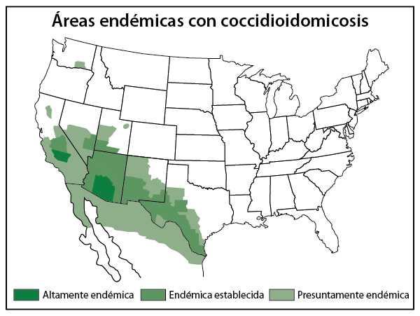Áreas en los Estados Unidos donde se sabe o se sospecha que existe el hongo que causa la fiebre del valle de San Joaquín