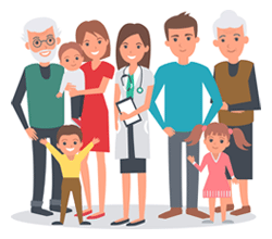 Ilustración de una familia grande con un médico