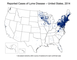 Mapa de los casos reportados de la enfermedad de Lyme, Estados Unidos 2014