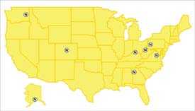 Mapa de los Estados Unidos con las oficinas de NIOSH resaltadas.