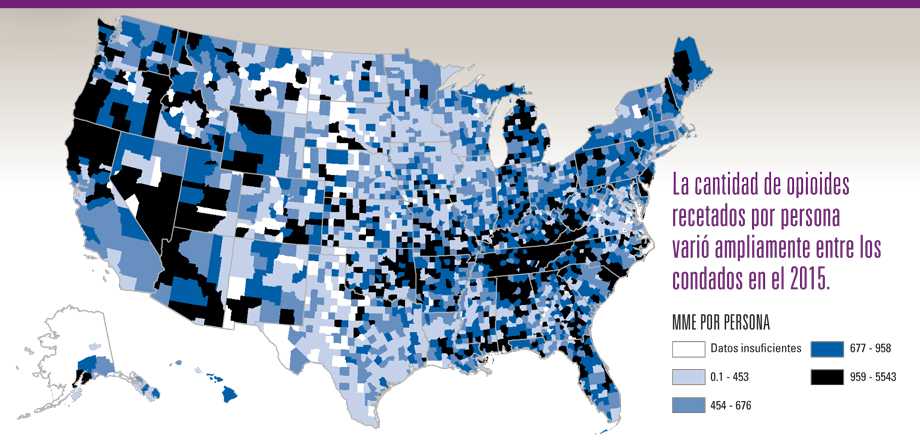 Infografía: La cantidad de opioides recetados por persona varió ampliamente entre los condados en el 2015.