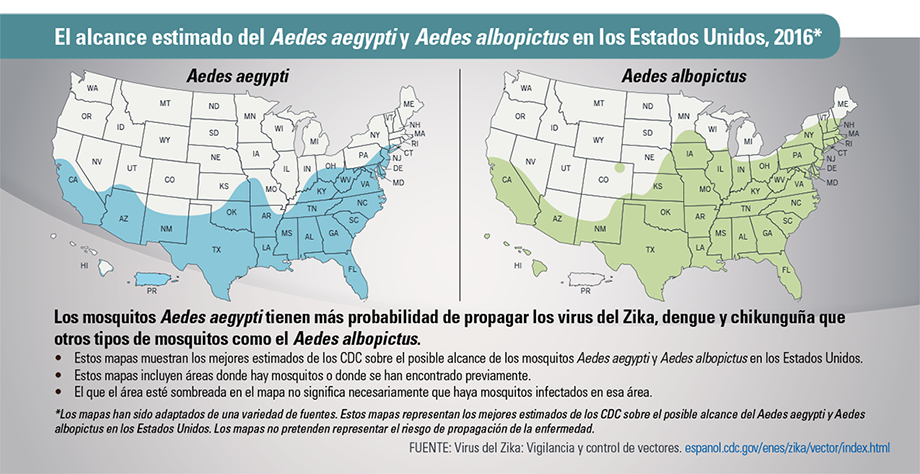 Infografía: El alcance estimado del Aedes aegypti y Aedes albopictus en los Estados Unidos, 2016*
